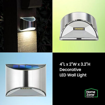 Home Zone Security Solar Wall Lights - Decorative Outdoor Solar Fence Post and Step Lights, Weatherproof with No Wiring Required, Stainless Steel (4-Pack) (ELJ9533V)