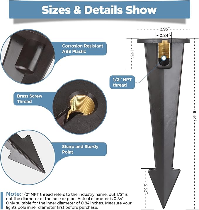 Gardencoin ABS Ground Spikes Stakes Replacement with Brass Insert, 1/2" NPT Thread - Outdoor Security Flood Light | Lumora
