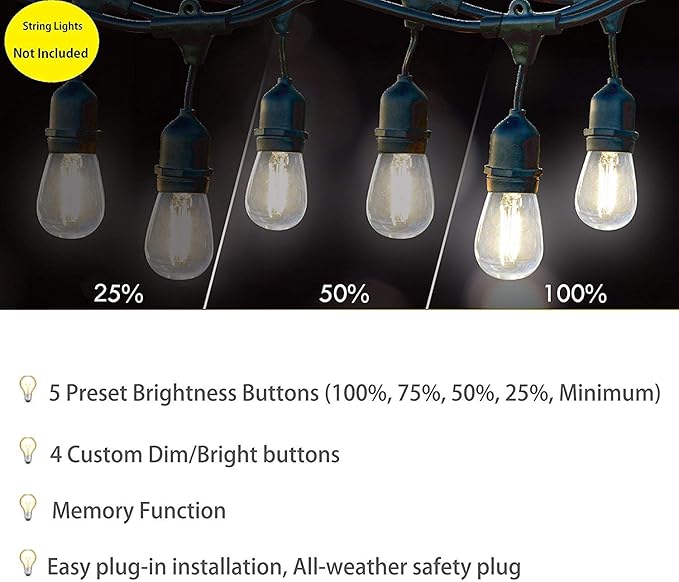 SUNYE Max Power 200W Waterproof Outdoor String Lights Wireless Remote Control, 150Feet Range, Memory, Stepless Dimming, IP68 Waterproof. UL 3 Prong Remote Control Dimmer
