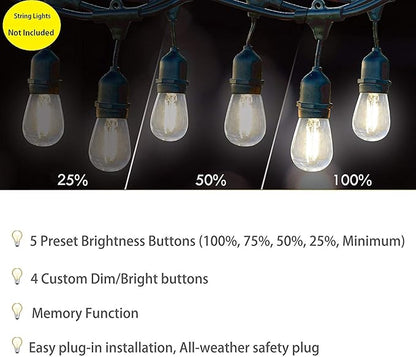 SUNYE Max Power 200W Waterproof Outdoor String Lights Wireless Remote Control, 150Feet Range, Memory, Stepless Dimming, IP68 Waterproof. UL 3 Prong Remote Control Dimmer