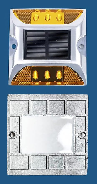 Solar Driveway Ultra Bright Lights Dock Deck Lights Wireless Solar Powered Waterproof Outdoor Warning Step Lights for Driveway Pathway Metal Ground 6 LED Light 3 Each Side Yellow Color (Pack of 2)