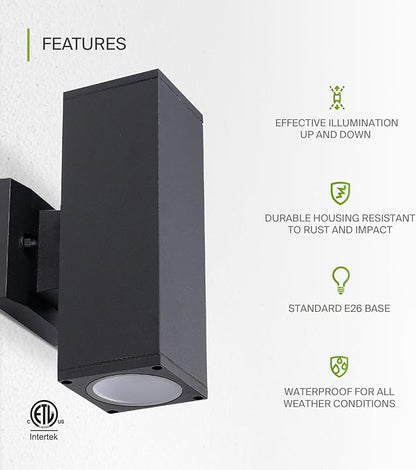 ASD 2 Light Square Outdoor Wall Light Fixture | 120W E26 Bulb Socket 120V ETL Cylinder Up Down Lights | LED/CFL/Incandescent Exterior Bulb Wall Sconce | Front Door, Porch, Patio | Black
