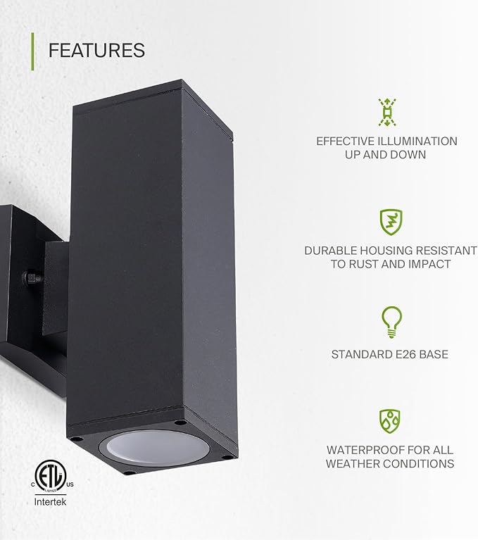ASD 2 Light Square Outdoor Wall Light Fixture | 120W E26 Bulb Socket 120V ETL Cylinder Up Down Lights | | Lumora