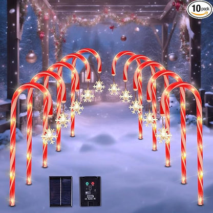 Solar Christmas Lights Outdoor Decorations, 10 Pack Solar Christmas Candy Cane Lights with Snowflake, Outdoor Waterproof Pathway Lights for Patio, Garden, Yard, Street, Park, Holiday