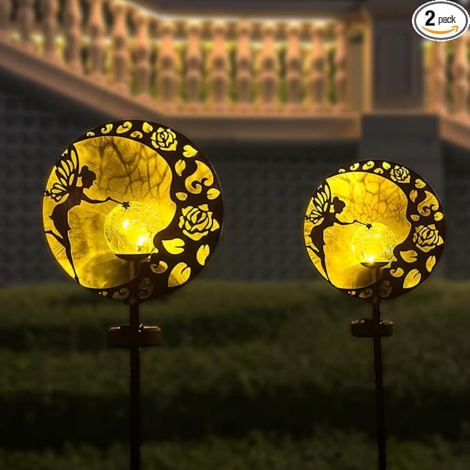 2-Pack Fairy Solar Garden Light, Decorative Outdoor Statue, Moon Star Decor Stake, Metal Sculpture Decoration for Yard, Lawn, Patio, Pathway, Housewarming, Birthday Gift for Mom, Grandma, Women