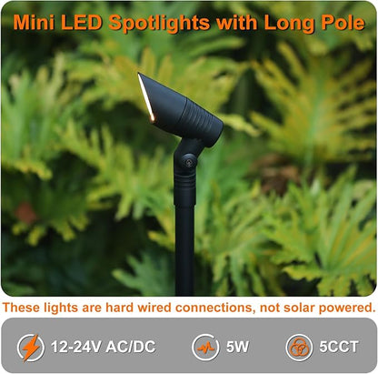 Mini Landscape Spotlights Low Voltage, 16'' Tall Pole, 5CCT 5W 12V LED Landscape Spot Lights Wired for Outdoor House Yard Palm Tree Pathway Path Sidewalk, 60° Beam Angle, Black, 6PK