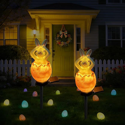 Solar Easter Egg Bunny Lights Outdoor, Waterproof Easter Solar Lights Rabbit Bunny Garden Statue Easters Yard Egg Decorations Outdoor for Outside Cemetery Grave (Orange Don't Hear)