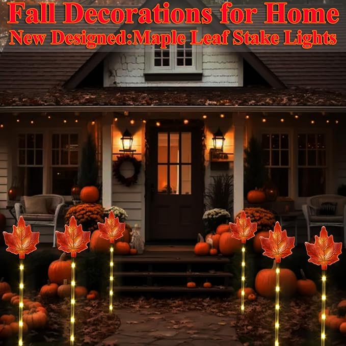 Fall Decor Solar Pathway Lights Outdoor Thanksgiving Decorations, 6 Pack Fall Leaves Solar Thanksgiving Maple Leaf Garden Stake Lights for Outside Patio Yard Wedding Party Autumn Decor