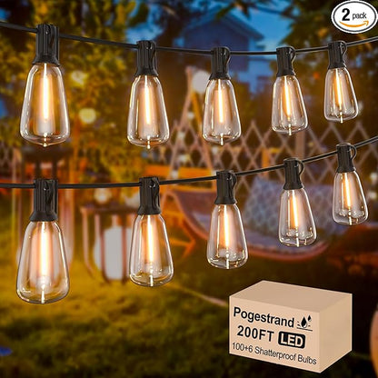 LED Outdoor String Lights 200ft ST38 Waterproof Patio Lights with 106 Vintage Shatterproof Bulbs(6 Spare), Dimmable Outside Hanging Edison String Lights for Backyard Porch Balcony Decor, Warm White