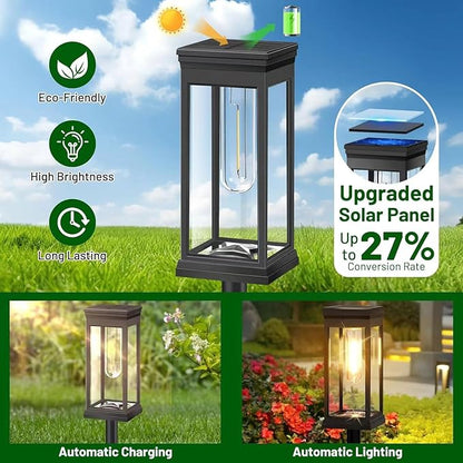 Solar Pathway Lights Outdoor, LED Garden Stake Light with Automatic Charging, Black ABS Plastic, 21.26 Inch Height, Warm White 3000-4000K, Ground Mount Landscape Lighting (Black Square, 4, Count)