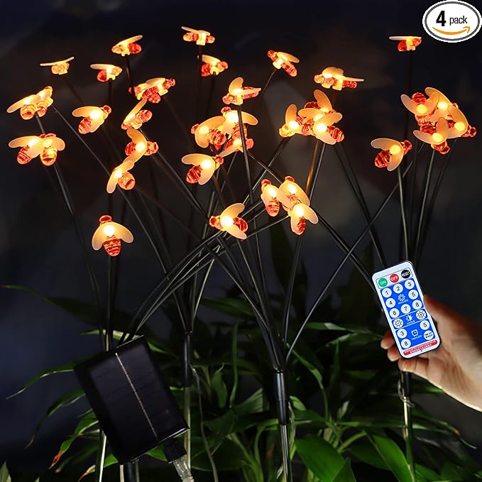 Solar Garden Lights 4 Pack, 40 Led Bee Lights 8 Lighting Modes with Remote, Firefly Lights Waterproof, Sway by Wind, Solar Outdoor Lights for Patio Walkway Pathway Backyard Lawn Flower Bed Decoration