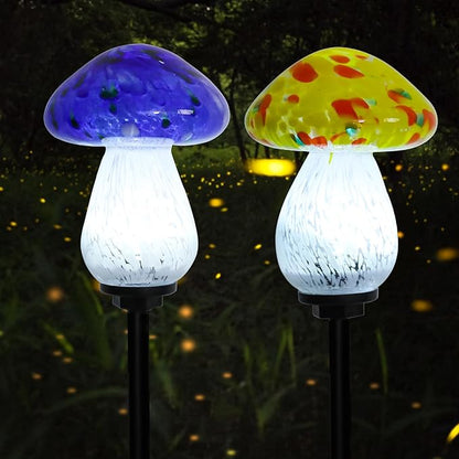 Afirst Solar Outdoor Lights Decorative Solar Glass Mushroom Lights Waterproof LED Waterproof Garden Stake Light for Walkway Pathway Lawn Patio Yard Decorations 2 Pack Yellow&Blue