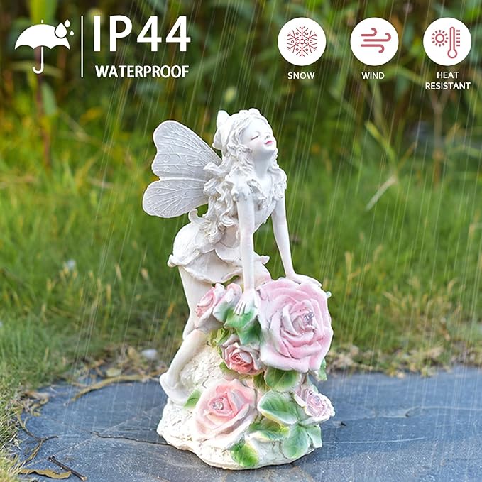 Solar Garden Statues Lights, Flower Fairy Figurine Lights Landscape Light, Resin Angel Figurines for Art Decor, Outdoor Lawn Decor Gifts Garden Figurine for Yard Lawn Patio Balcony (Flower Fairy)