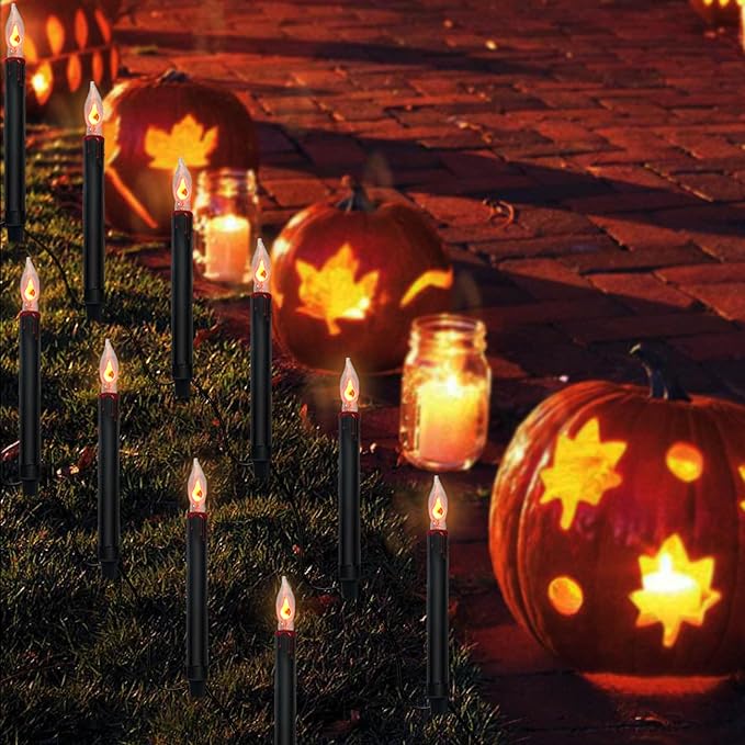 SUNSGNE Halloween Pathway Marker String Lights - 19.5Ft Outdoor Walkway Lights with 10 Black Blood Tears Candle Light Stakes for Lawn, Yard, Sidewalk, Garden Decoration