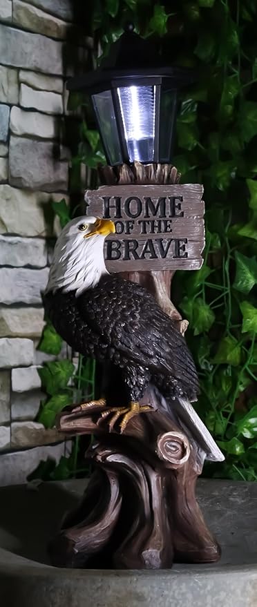 Ebros Home of The Brave Patriotic American Bald Eagle Perching On Tree Stump Garden Courtesy Night Light Statue Solar LED Lantern Lamp Guest Greeter Decor for Patio Poolside Home Figurine