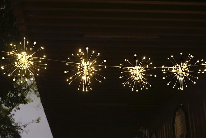 Remote Firework Led Copper Wire Starburst Lights, 4 Connection Total 480 LED Fairy Twinkle String Lights, 8 Modes With Remote Control, Dimming, Timer (Warm White)