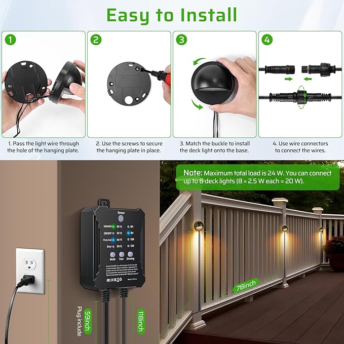 6 Pack Low Voltage LED Deck Lights Kit with Plug-in Transformer, Dusk-to-Dawn Photocell Sensor and Timer, IP67 Waterproof 3000K Outdoor Step Stair Lights for Deck Patio Fence Landscape Lighting