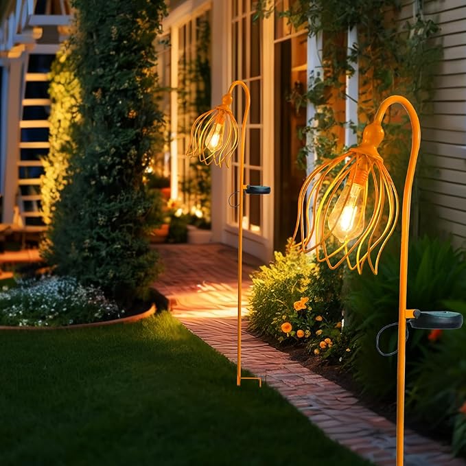 Bshine Solar Lights Outdoor Garden Decoration, Flower Metal Stake Waterproof Hanging LED Solar Lamp for Outdoor Patio, Yard Decoration Lawn Art, Walking Lights, 2PCS Yellow