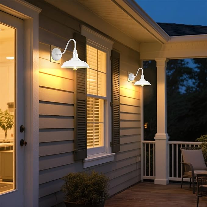 10'' Diameter Outdoor Gooseneck Barn Light Fixture with Wall Mount, White Exterior Waterproof Porch Barn Door Wall | Lumora