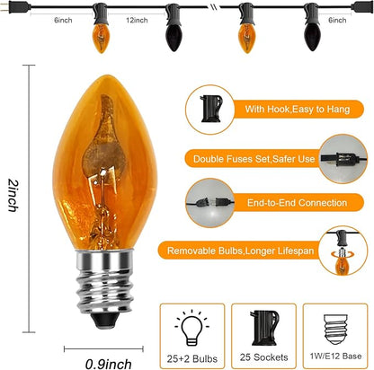 Halloween Flickering String Lights,25Ft C7 Vintage Flame Lights with Orange&Purple Bulbs, Flicker Amber Flame for Outdoor&Indoor Use, Fairy Garden, Yard, Home, Party