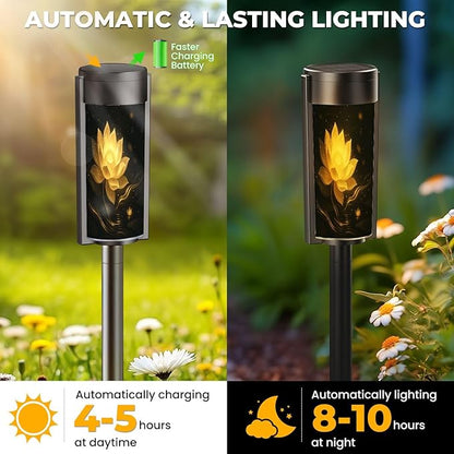 4 Pack Solar Pathway Lights Outdoor Waterproof Black Gold Lotus Flower Yellow Golden Floral Glowing Petals Sparkles Solar Garden Lights LED Landscape Lighting for Yard Walkway Lawn Garden Decor