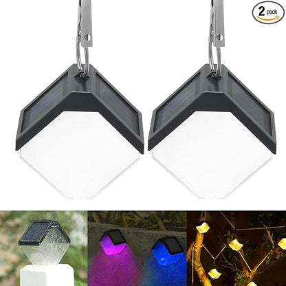 Hanging Solar Lights Landscape Path Lights Outdoor Waterproof Ice Block Lantern with Ring Clip Wall mounted DIY String Light Christmas Decor Tree Yard Garden Patio Fence (2 pack warm white & RGB)