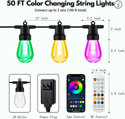 BBG Outdoor String Lights 50FT RGBW - Patio Lights Outdoor Waterproof, 24V Low Voltage, 20 Shatterproof Bulbs, Individual Bulb Color Control, APP & Remote, Linkable, Music Sync, Timer