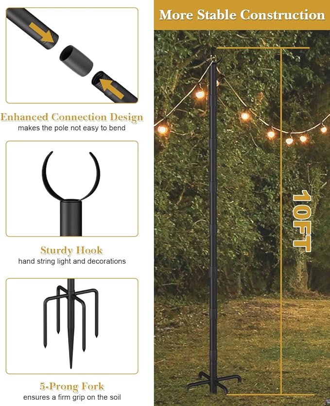 10Ft String Light Poles for Grass & Soil, Outdoor Light Stand with 5-Prong Fork Base, Heavy-Duty Metal Poles for | Lumora