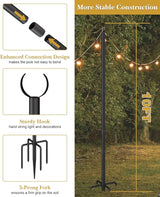 10Ft String Light Poles for Grass & Soil, Outdoor Light Stand with 5-Prong Fork Base, Heavy-Duty Metal Poles for | Lumora
