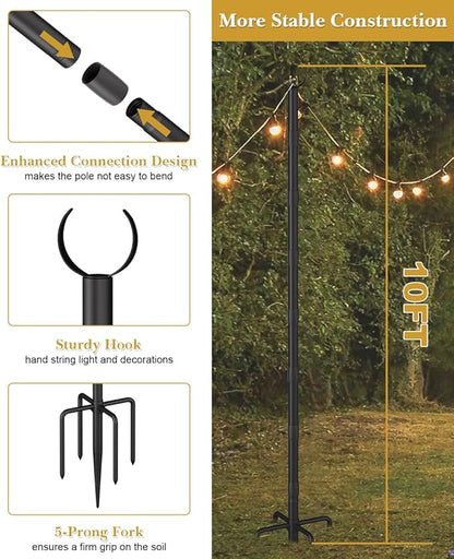 10Ft String Light Poles for Grass & Soil, Outdoor Light Stand with 5-Prong Fork Base, Heavy-Duty Metal Poles for Backyard, Garden & Patio Party Lighting, Rustproof & Adjustable