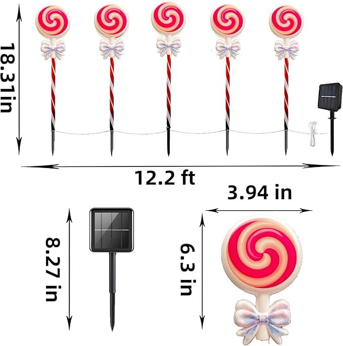 Solar Christmas Candy Cane Path Lollipop Lights-Outdoor Solar Powered 1 Panel with 5 LED Lights Pathway Landscape | Lumora