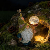 Garden Gnome Solar Light Statue - Outdoor Decorative Figurine with Crackle Glass Globe, Blue & White Floral Design | Lumora