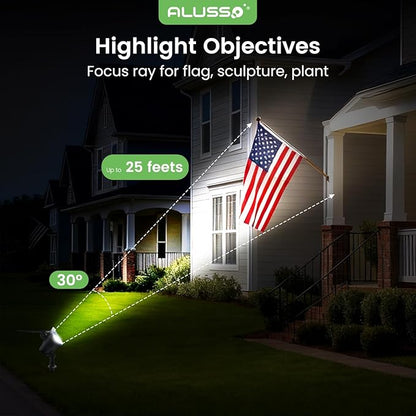 ALUSSO® Solar Landscape Spotlights 3CCT, Dimmable Solar Spot Lights Outdoor, 30° Beam Angle Solar Powered Lights Dusk to Dawn,IP65 Waterproof Flag Pole Solar Light for Yard Pathway Garage Patio,4 Pack