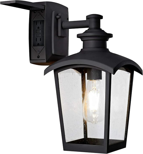 Home Luminaire 31703 Spence 1-Light Outdoor Wall Lantern with Seeded Glass and Built-in GFCI Outlet, Black | Lumora