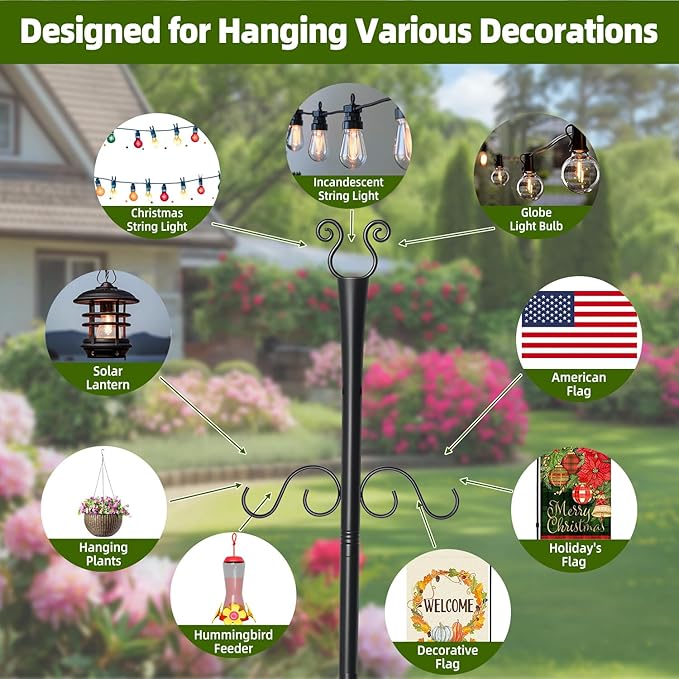 4 Pack Outdoor Patio Light Poles for String Lights, 10Ft Heavy Duty Metal String Light Poles with Shepherds Hooks | Lumora