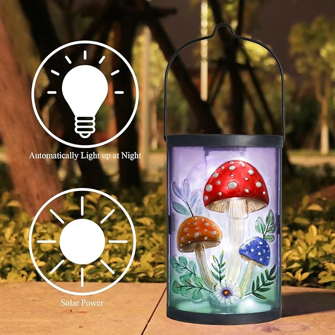 Hanging Solar Lantern Outdoor Waterproof Mushroom Solar Lights Glass Tabletop Decorative Lamp for Outdoor Patio | Lumora