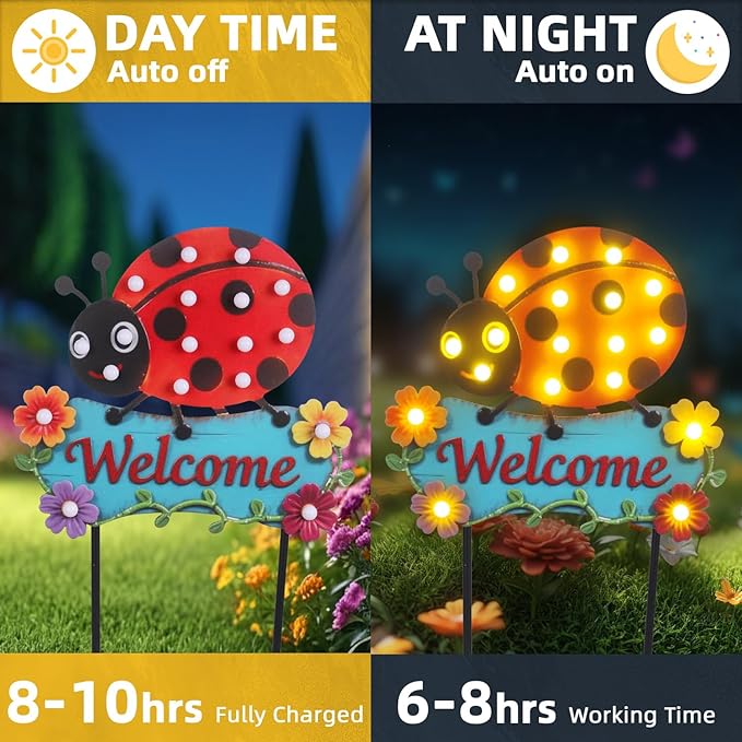 Garden Stakes Decorative 43.3inch with Large Metal Welcome Sign, Solar Pathway Lights Outdoor Waterproof with 18 | Lumora