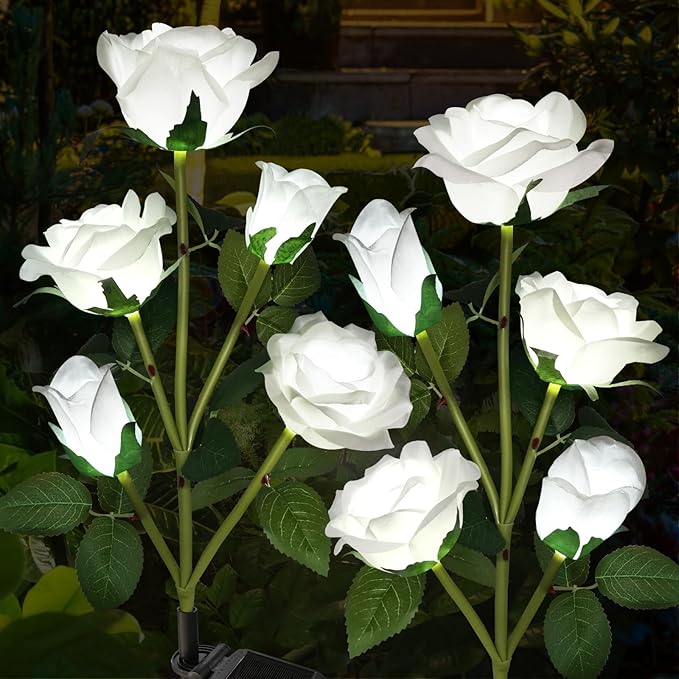 Solar Garden Lights, Solar Outdoor Lights with More Realistic 10 Rose Waterproof Solar Powered Flowers for Outside Patio Yard Pathway Decorations, 2 Pack White
