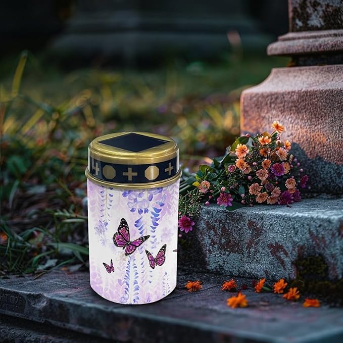 Poceacles Solar Powered Grave Lights for Cemetery, Solar Lights Cemetery Decorations for Grave Solar Candle Lights Pathway Garden Lights for Loss of Mother Dad, Butterfly Wisteria Flower, Poc-N9