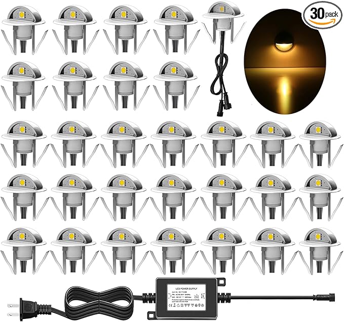 30 Pack LED Stair Lights Kit Low Voltage Landscape Lights Waterproof IP65 Outdoor 1-2/5" Recessed Wood LED Deck Lighting Yard Garden Patio Step Landscape Pathway Decor Lamps, Warm White