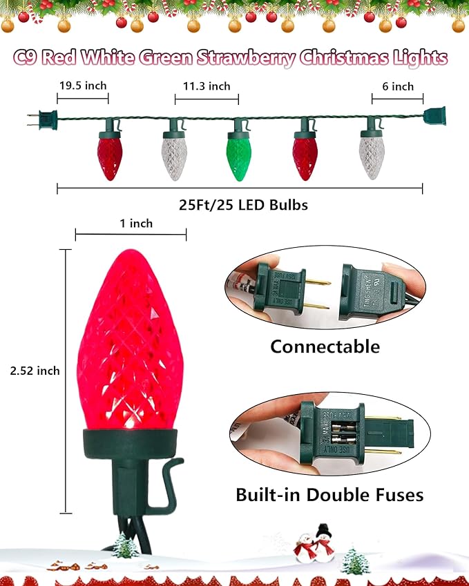25Ft LED Red White and Green Christmas Lights Outdoor, C9 Vintage Christmas Lights with 25 LED Red Green White String Light, Plug in Strawberry Light for Indoor Outside Roofline Xmas Tree Decor