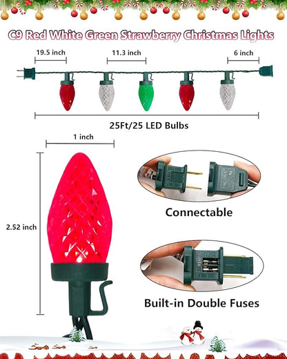25Ft LED Red White and Green Christmas Lights Outdoor, C9 Vintage Christmas Lights with 25 LED Red Green White String Light, Plug in Strawberry Light for Indoor Outside Roofline Xmas Tree Decor