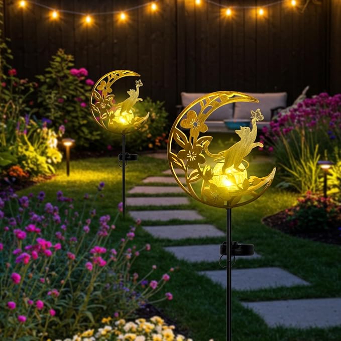 Cat Solar Lights Moon Garden Decor, Cat Gift for Women, Garden-Cracked Glass Ball Solar Lights, Unique Gift Ideas for Gardening Mom Grandma, Outdoor Decorations Patio Yard Lawn Backyard Decor
