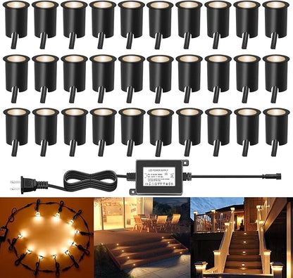 LED Recessed Deck Light Kits with Protecting Shell,Outdoor Landscape Lighting IP67 Waterproof,DC 12V Low Voltage Warm White for Garden,Yard,Stair,Patio,Decoration In Ground(30pcs,Black Border)
