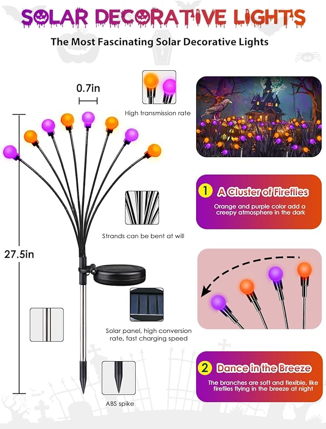 Albelt Halloween Decorations Outdoor, 6 Pack Solar Firefly Lights Outdoor, 48 LED Solar Halloween Lights | Lumora