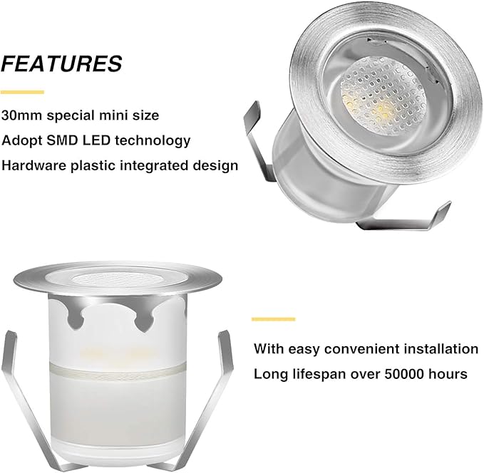 Low Voltage LED Recessed Deck Lighting Kit,Stainless Steel Waterproof Recessed Wood Decking Stairs Garden Yard Patio Decor Lamp Outdoor Warm White LED Lighting, Pack of 10