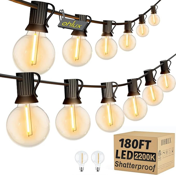 OHLUX Outdoor String Lights, 180FT G40 Globe LED Patio Lights with 82 Dimmable Plastic Bulbs 2 Spare, 2200K | Lumora