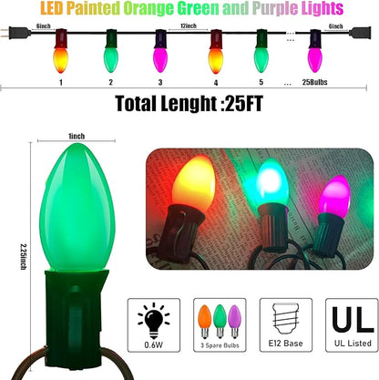 C7 LED Halloween Lights, 25FT Halloween C7 String Lights with 27 Orange Green and Purple LED Bulbs, Hanging Halloween Decoration Lights for Outdoor Indoor Patio Home Party Garden Yard-Black Wire