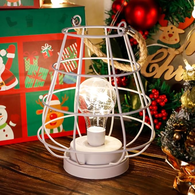 JHY DESIGN Decorative Cage Bulb Lamp Battery Powered Lights 8.5" Tall Cordless Accent Light with Edsion Style Bulb Great for Weddings Parties Patio Events for Indoors Outdoors(White)