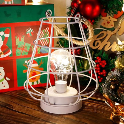 JHY DESIGN Decorative Cage Bulb Lamp Battery Powered Lights 8.5" Tall Cordless Accent Light with Edsion Style Bulb Great for Weddings Parties Patio Events for Indoors Outdoors(White)
